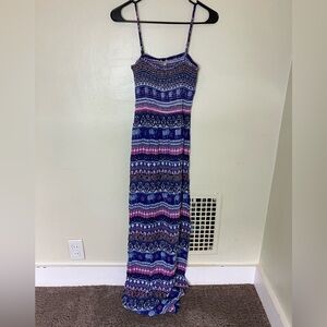 Elegant Blue and Pink Patterned Maxi Dress